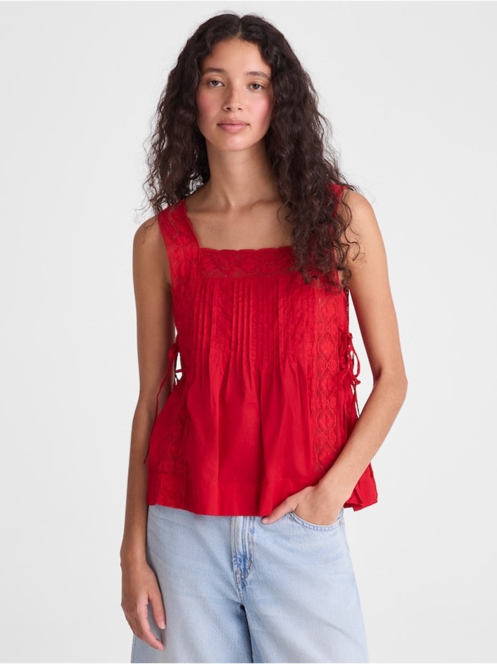 NWT Madewell The Sophie Top in Varsity Red Lace Pintuck Cotton Tank Size S